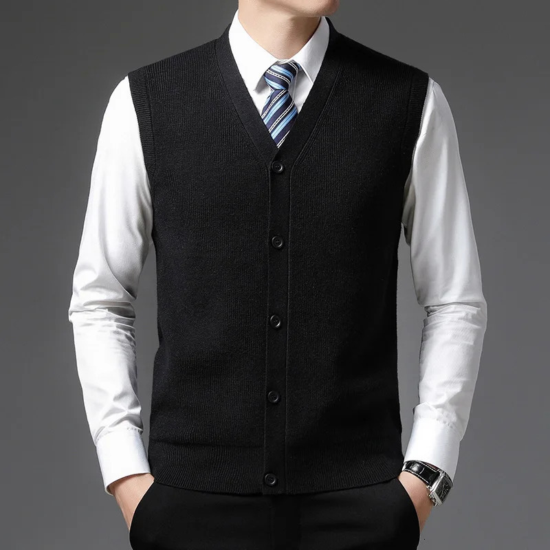 Korean Fashion Spring Knitted Cardigan Sleeveless Tank Men Solid Vneck Patchwork Button Smart Casual Warm Vest Sweater Top 250107