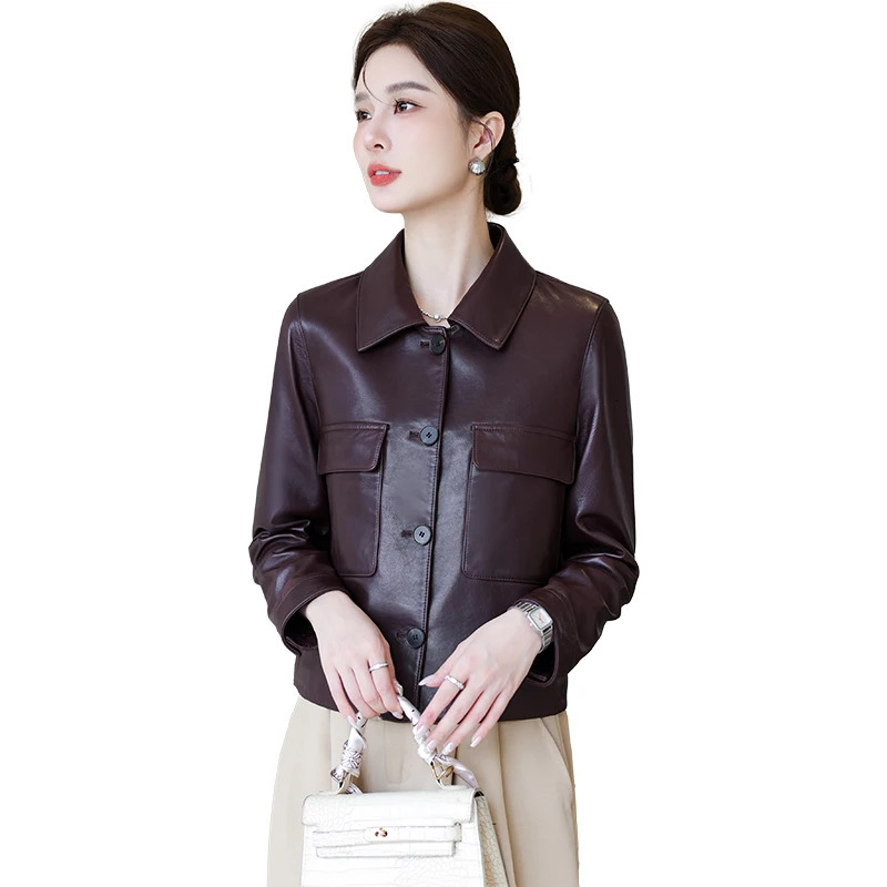 Genuine leather jacket womens short and highend sheepskin middleaged long sleeved fashionable lapel casual 250109