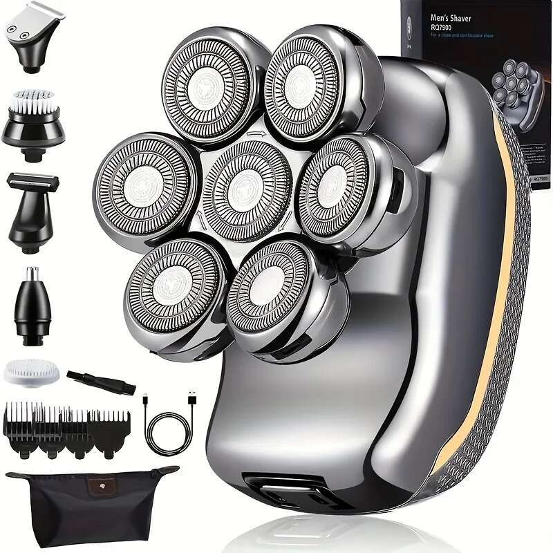 set Men's Razor - Rechargeable Cordless Hair Shaving Razors For Bald Man 6 In 1 Waterproof Wet Dry Beard Kit 7 Rotary Heads