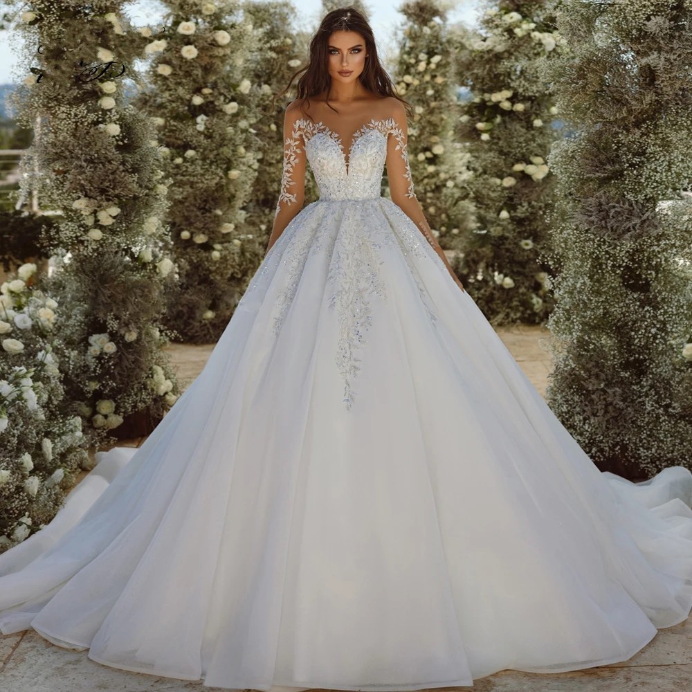 2025 Princess Wedding Dress Sweetheart Long Sleeve Lace Appliques Tulle Chic Bride Bridal Gowns Church Vestidos De Novia Arabic Dubai