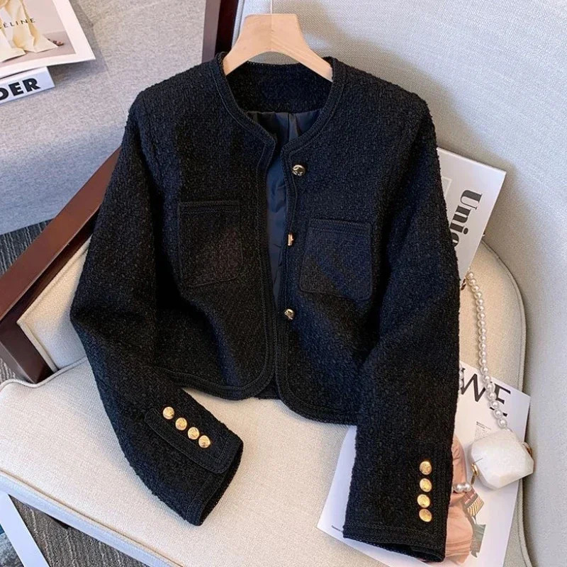 Metal Buttons Temperament Elegant Black Coats Woman Short Fashion Winter Womens Jackets Korean Style White Tweed Jackets 250109