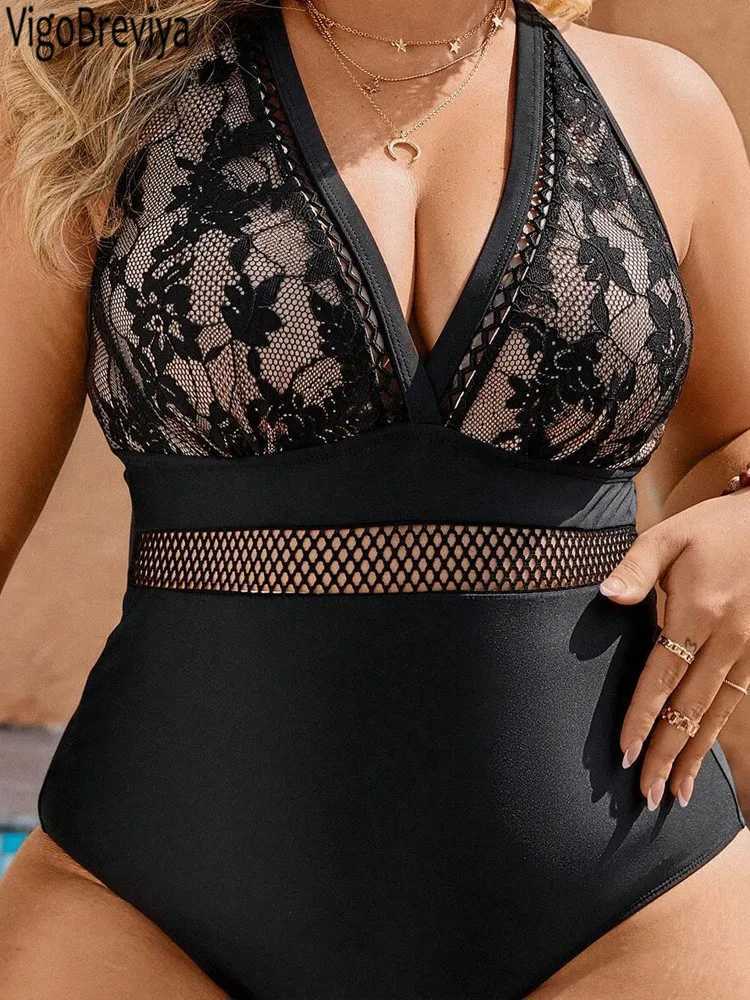 VigoJany 2025 Solid Hollow Plus Size Swimwear Women Lace Push Up Chubby Curvy One Piece Swimsuit Lady Large Big Bathing SuitXJ240108
