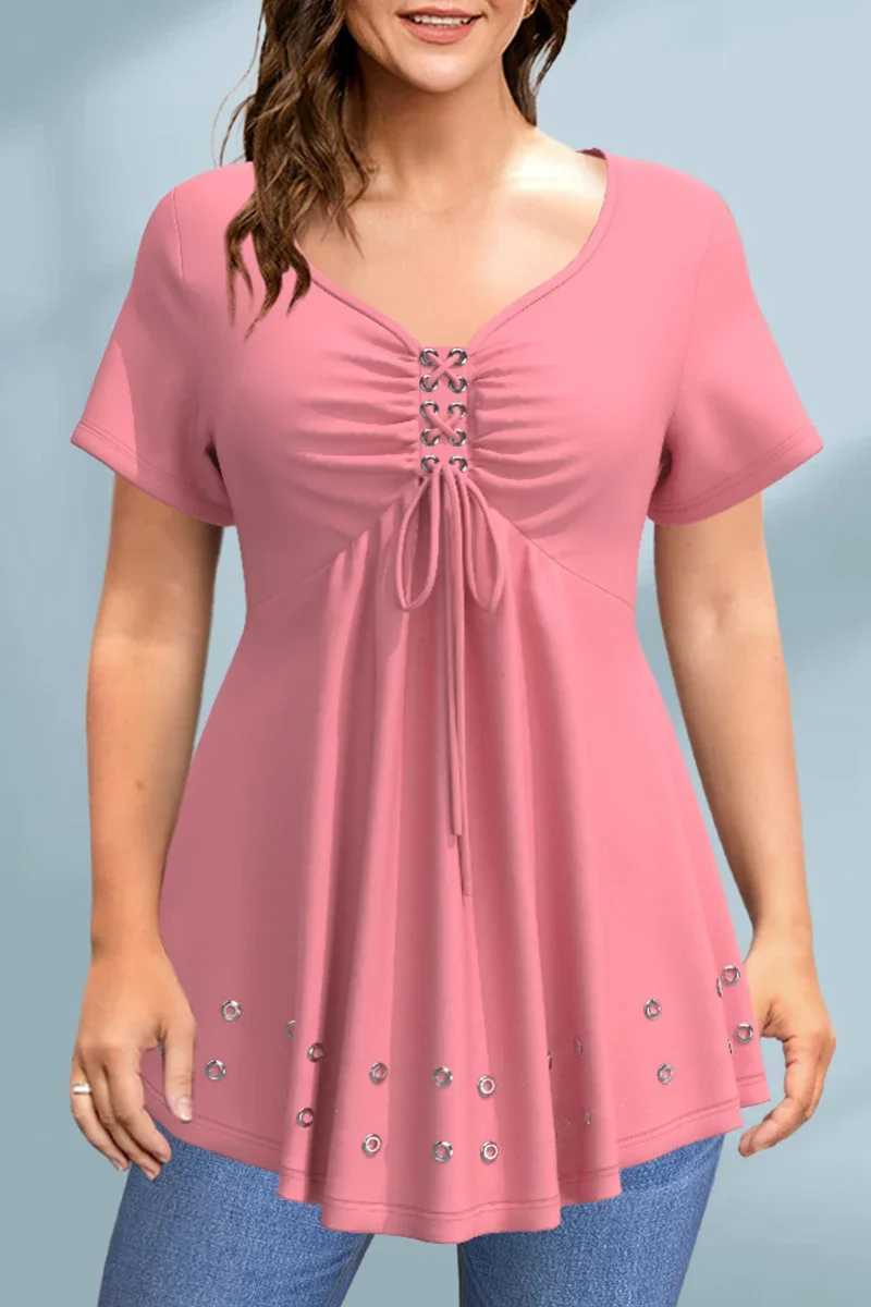 Womens plus size casual T-shirt with V-neck lace pleated edge eye wash soft and loose in summer basic pleats medium elasticity new T-shirt M250108