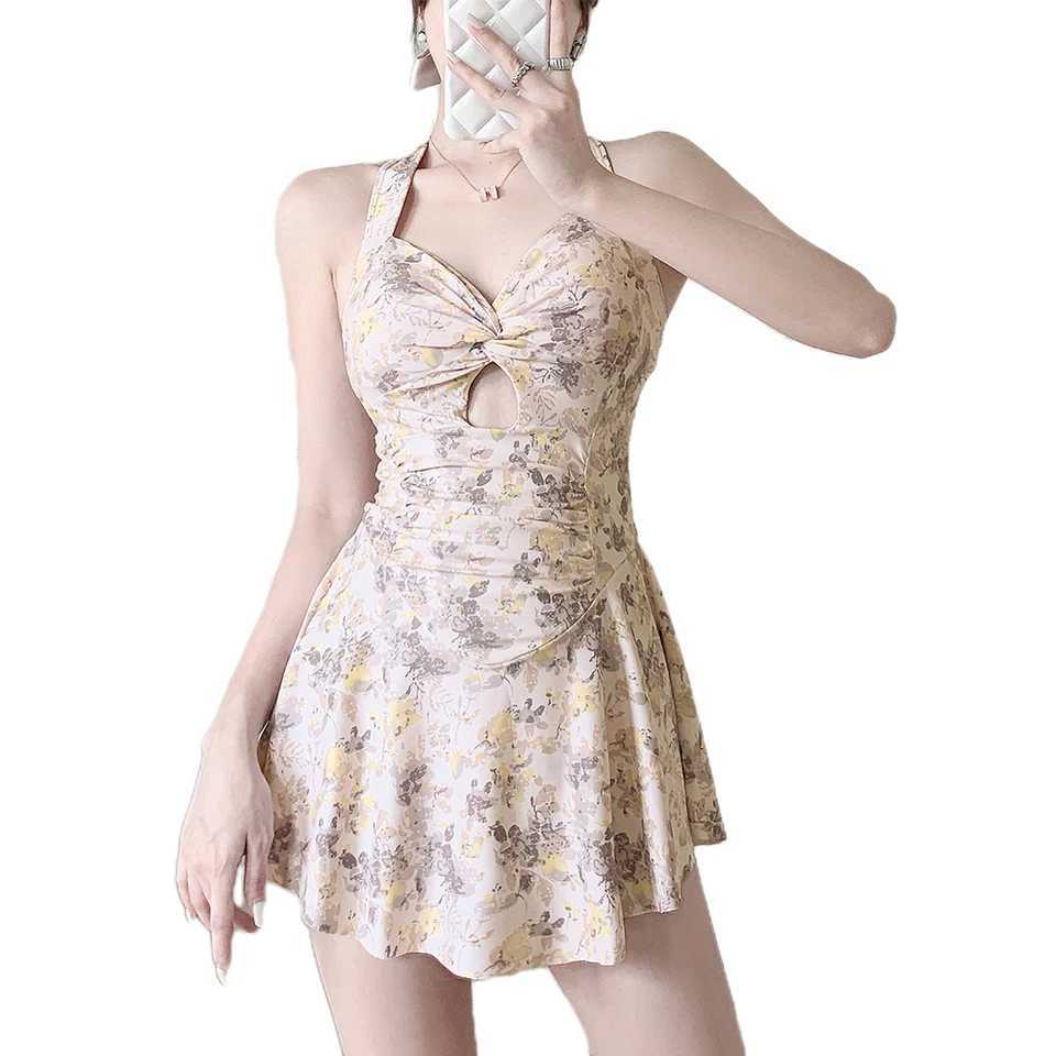 Women Hanging Neck Swimwear Sexy Beach Dr High Waist Swimsuit Sweet Swimwear Conservative Belly-covering Spring Dr LinedXJ240108