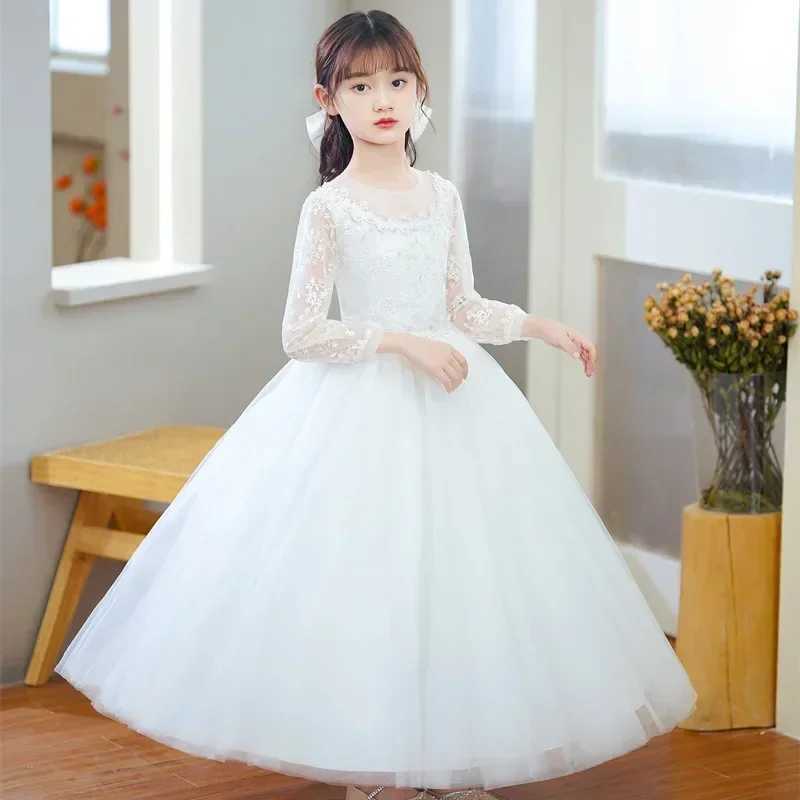 Lace Long Sleeve Ball Gown Summer Hildren Girls Par Dresses Fashion Solid Color Flower Girl Dresses for Weddings 4-14YearsXJ250108