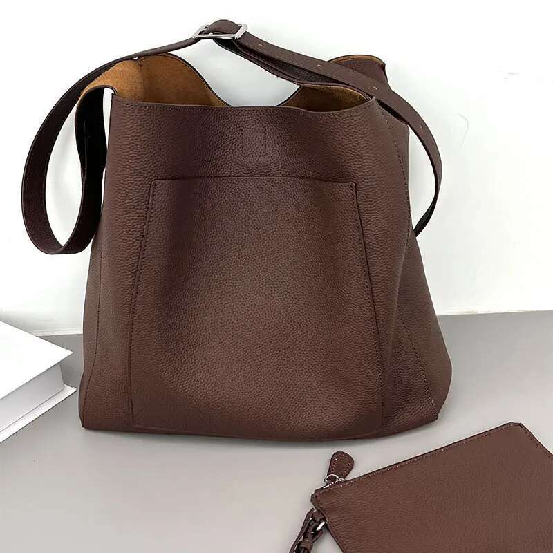 Cowhide Bucket Bag Soft Genuine Leather Design Casual Large Capacity Tote Women High End Hobo Handbag Shoulder Lady