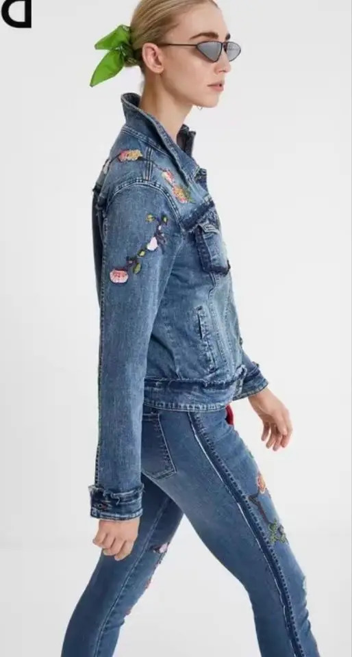 Spanish foreign trade womens denim jacket printed y process long sleeve stitching 250109