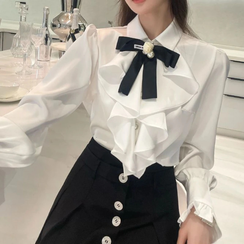 White Shirts Woman Lace Ruffles Blouses Sweet Female Peter Pan Coller Crop Long Sleeve Tops Preppy Ladies Temperament Q190 250109