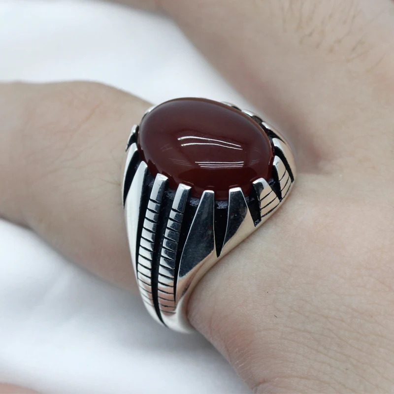 925 Sterling Silver Men Ring Prong Setting Natural Red Agate Stone Retro Punk Thai Silver Ring for Man Women Silver Fine Jewelry 250106