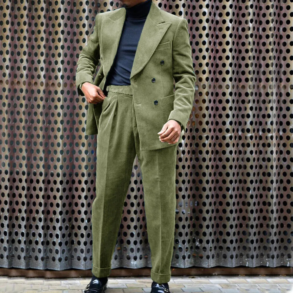 Mens Two Piece Suit Corduroy Double Breasted Slim Casual Elegant Suits for Wedding 2023 Man Jackets Costumes 250102