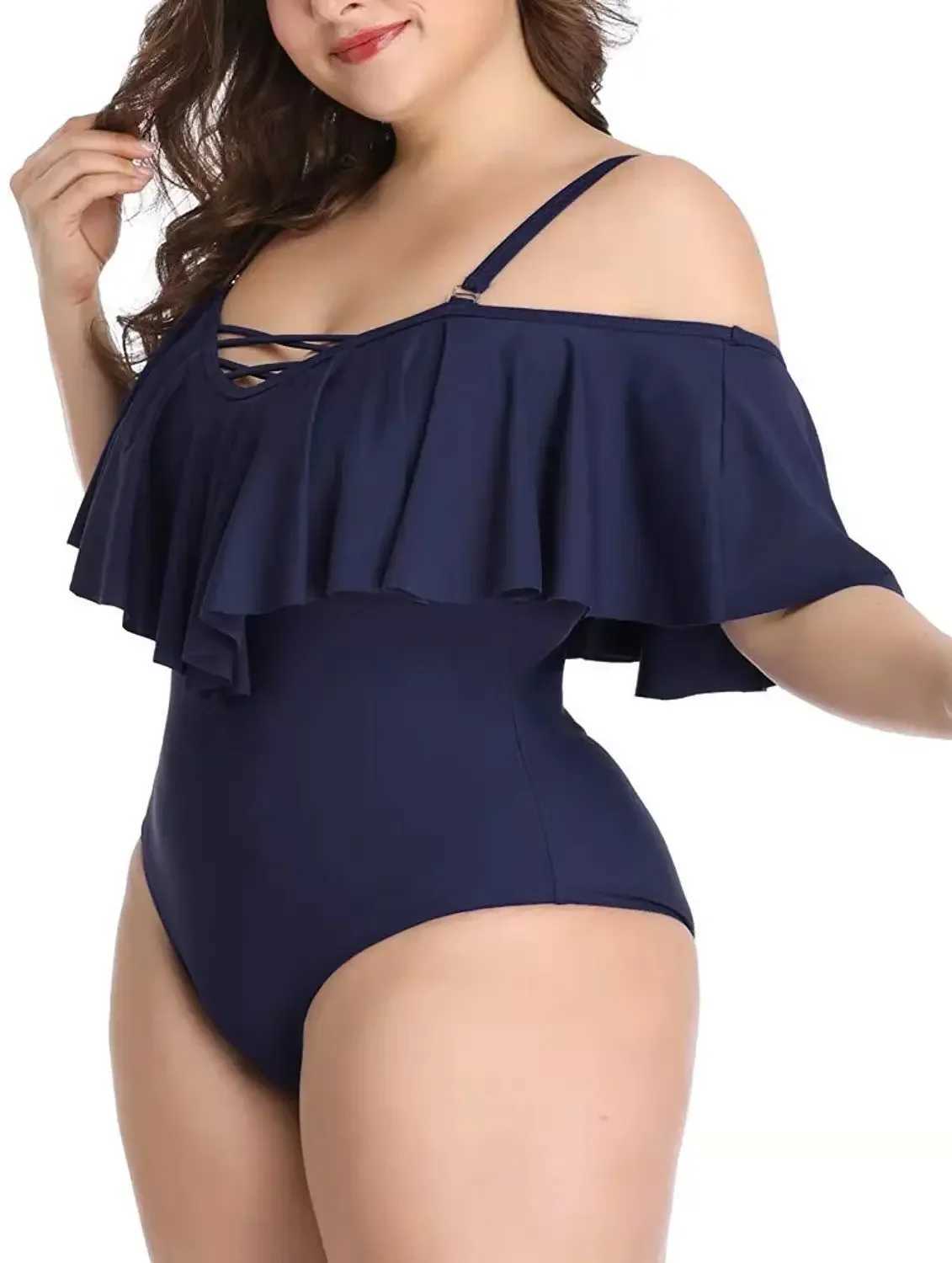 Plus Size Swimwear Ruffd One Piece Swimsuit Women Shoulder Off Bathing Suit Large Size Monokini Bandage Swimsuit 2022 dropshipXJ240108