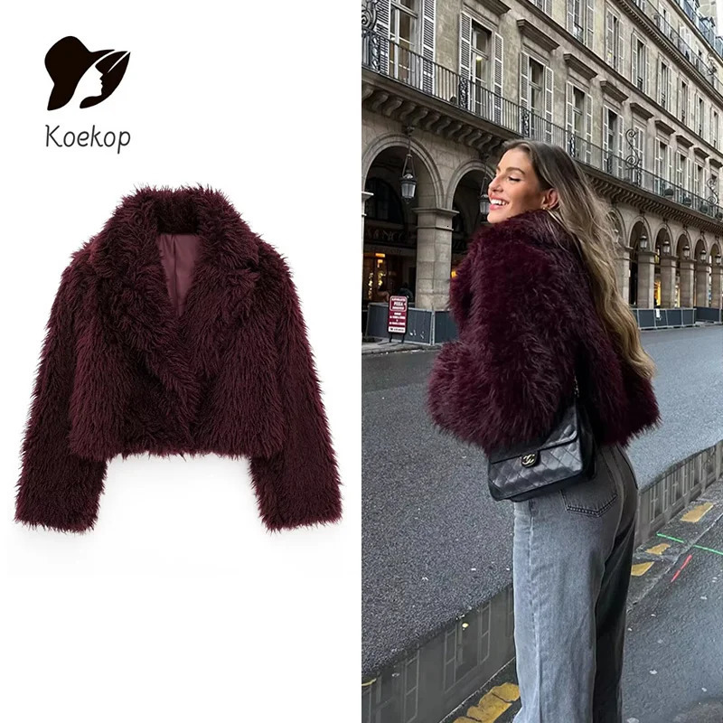 Koekop Womens Fashion Burgundy Asymmetric Thick Collar Fur Coat Vintage Casual Chic Temperament Lady Short Jacket 250103