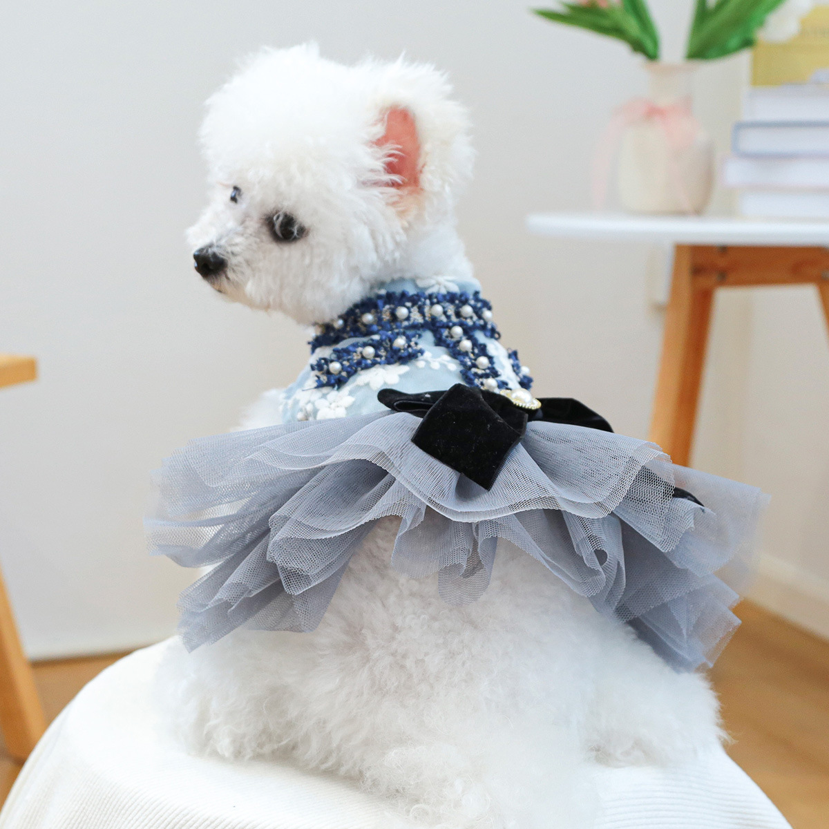 Pet Clothing Cat Autumn/Winter Grey Blue Fragrant Skirt Dress Wedding Dress Suitable for Small and Medium sized Dogs