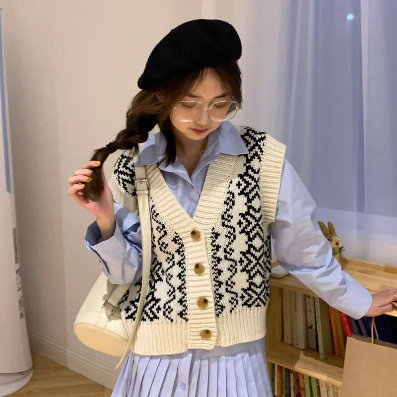 Fair Isle Sweater For Women V-Neck Button-Up Sleeveless Geometric Knit Vest Teen-Girl Vintage Fall Winter Christmas Outfit