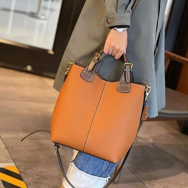 Toptrends Cowhide Genuine Leather Bucket Tote Handbags For Women 2025 Designer Commuter Ladies Shoulder Crossbody Bags