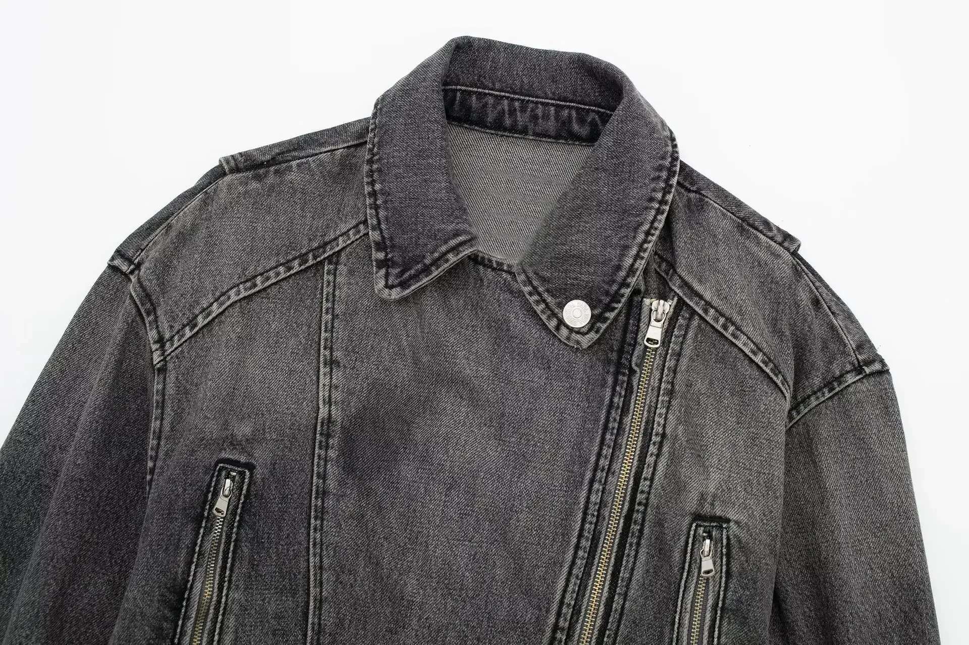 Autumn New Borderless Women's Fashion Motorcycle Greywashing Lapel Denim Jacket European And American Style Clothing