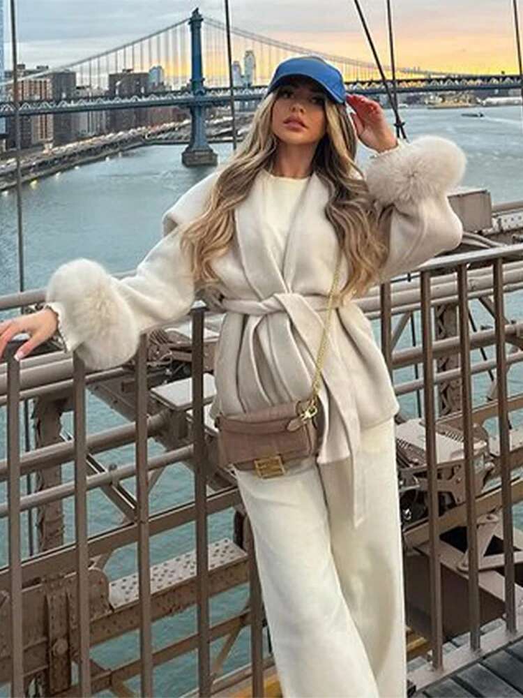 Faux Jackets Women Casual Loose Lace Up Belt Patchwork Fur Cashmere Coats Female Fashion Long Sleeves Warm Outwears Lady