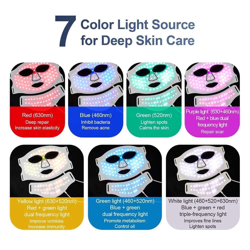 Silicone Face With Neck 7 Colors LED Photon Red Light Infrared Therapy Flexible Facial Mask Repair Skin Wireless Use