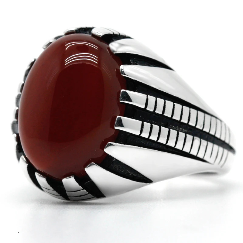 925 Sterling Silver Men Ring Prong Setting Natural Red Agate Stone Retro Punk Thai Silver Ring for Man Women Silver Fine Jewelry 250106