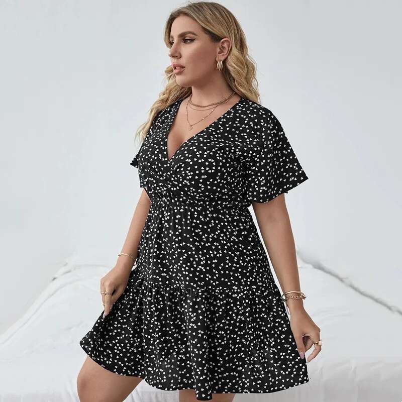 Plus Ral Print Summer Casual Tiered Women Short Sleeve Heart Pattern Boho Large Size Fit Flare A-E Dress