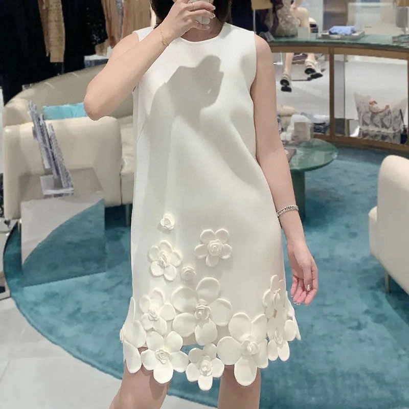 Women's Solid Handmade Flower Wool Dresses Elegant Trendy Round Neck Sleeveless Luxury Mini Straight Dress 2 Colors High Quality Designer Loose V