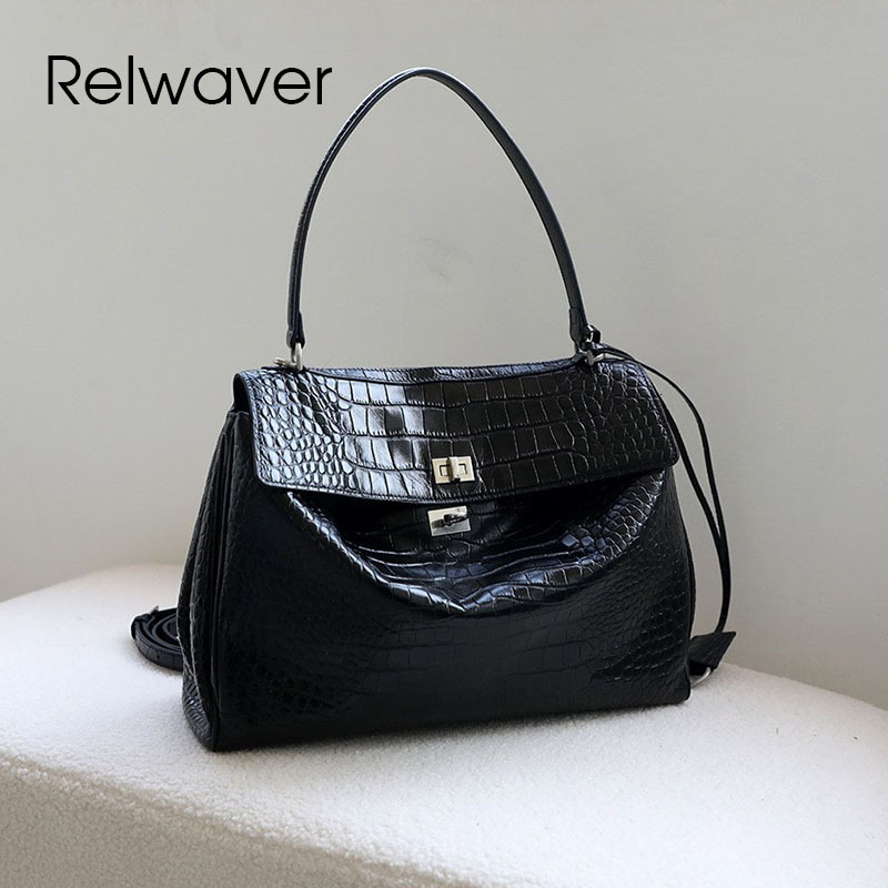 Relwaver Women Messenger Bags Genuine Leather Crocodile Cowhide Black Shoulder Bag 2025 Spring Summer Fashion Ladies Big Flap