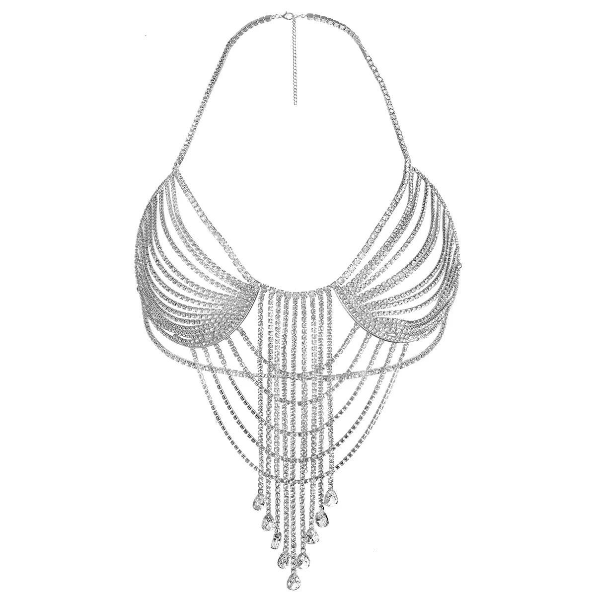 Light Multilayer Hollow Out Water Droplet Tassels Rhinestone Chest Chain Nightclub Body Chain 250107