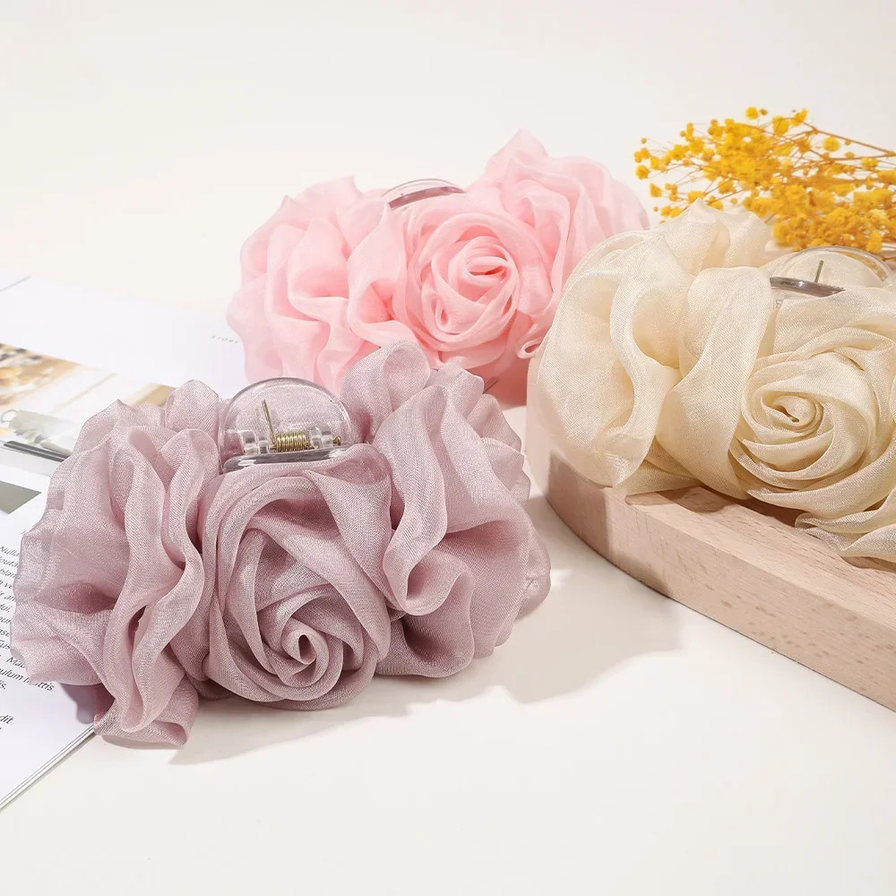 1pc 13cm Chiffon Fabric Bow Hair Clip Large Simple Sweet Womens Gripper Back Head Shark Clip Holiday Hair Accessories Gift 250103