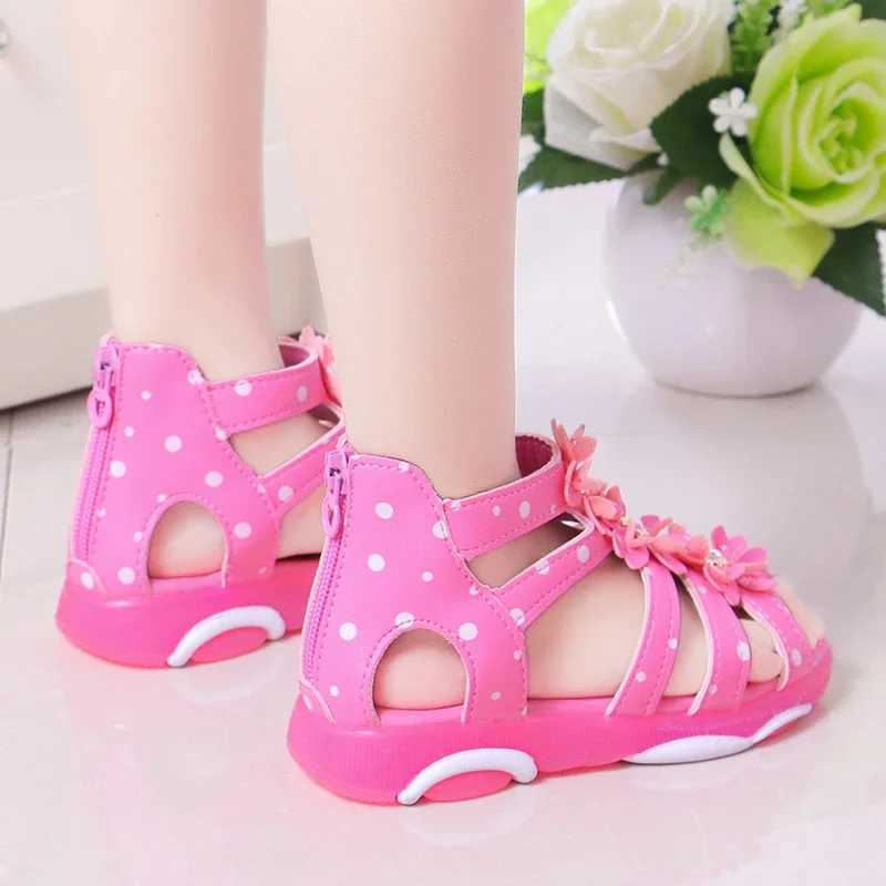 Cute Girl Beach Sandals Flower Pearl Dot Childrens Roman Gladiator Zipper Princess Shoes Soft Leather Sweet Flat 21-36 W250108