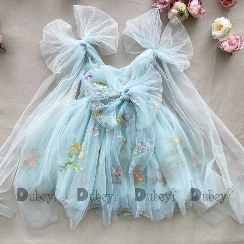 2023 Baby Embroidery Dress Girl Summer Dress Floral Bows Sleeveless Ballarina Dance Performance Dress Girls Tutus ClothesXJ250108