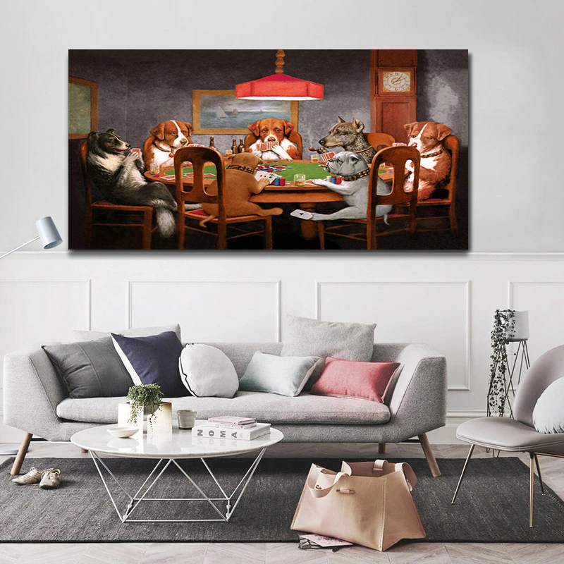 Creative Modern Abstract Dog Playing Poker Fun Poster Print Canvas Painting Wall Art Picture Living Room Home Decoration