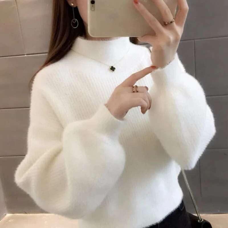Autumn Winter Imitation Mink Fur Pullover Lazy Style Short Lantern Sleeves Women's Clothing Base Knit Sweater Thick Tops