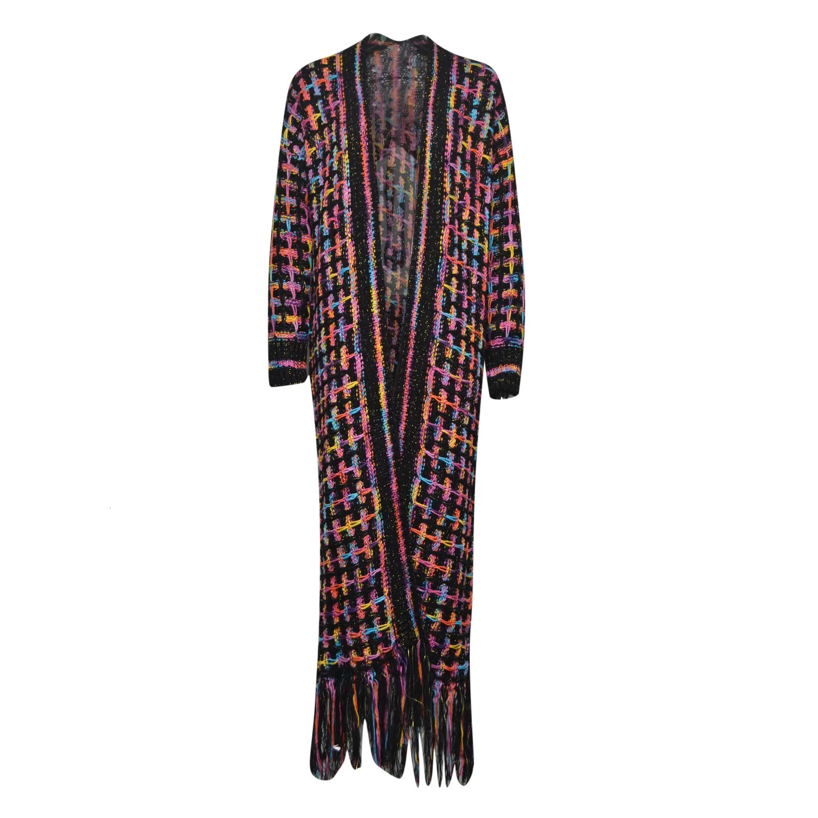 Women Colorful Cardigan Long Sleeve Knitted Open Front Loose Warm Sweater Coat with Tassel Floor Length Autumn Winter Jackets 250106