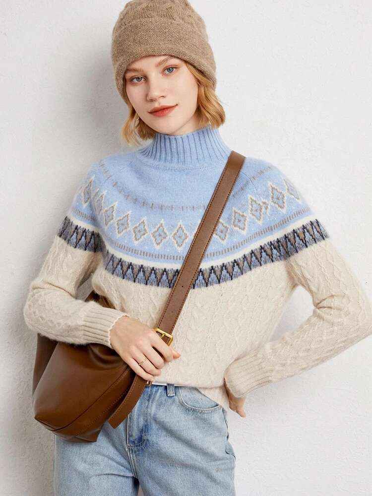 Women Vintage Style Faire Isle Jacquard Sweater Thick Mock Neck Pullover Autumn Winter 100% Cashmere Knitwear