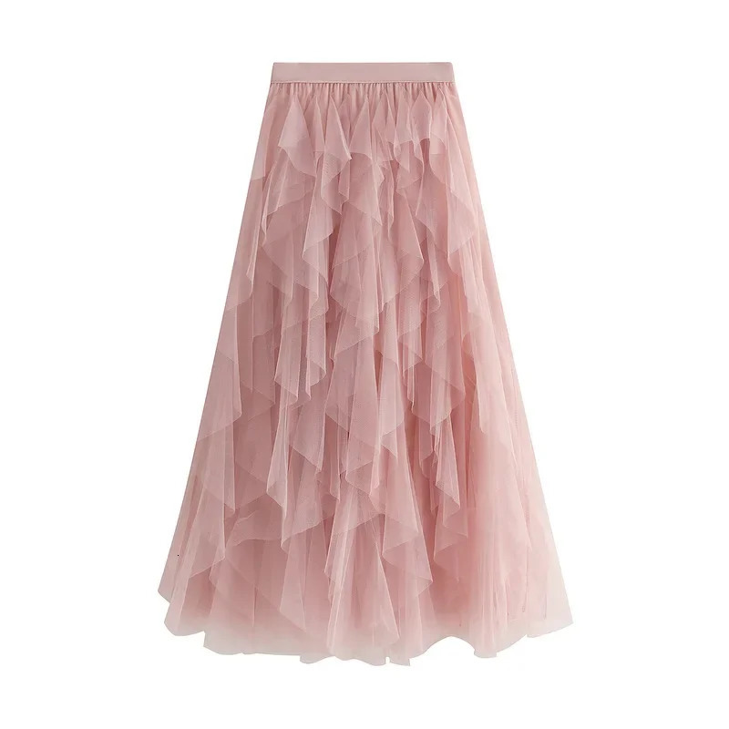 Elastic High Waist Irregular Mesh Long Skirt Women Elegant Harajuku Skirts Faldas Y2k Saias Casual Woman Clothing Jupe Femme 250106