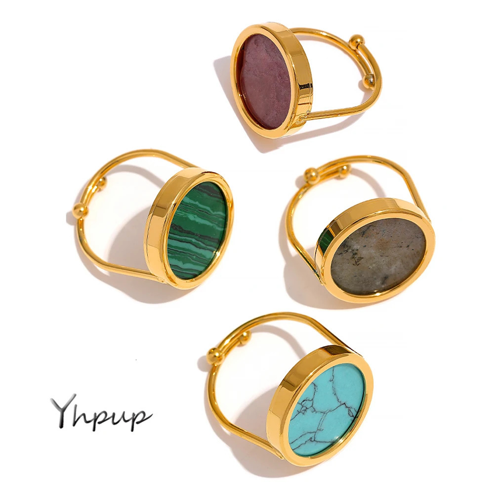 Yhpup Turquoise Malachite Rhodochrosite Stone Stainless Steel Waterproof Adjustable Ring Women Fashion Charm France Jewelry 250106