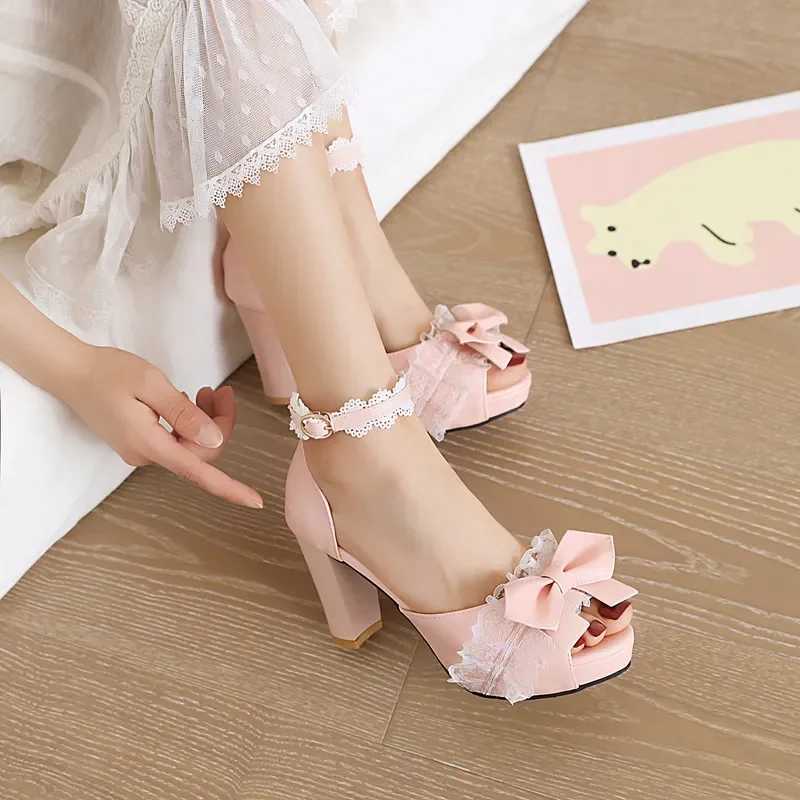 Childrens Fashion Lolita Sandals Sweet Lace Diapers Toe Bow High Heels Girls New Mary Jens Cosplay Princess Shoes W250108