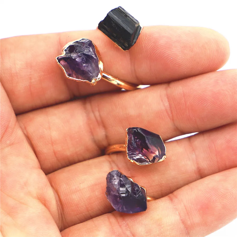 Natural Stone Black Tourmaline Amethyst Ring Slice Handmade Electroplated Goldtone Plated Free Form From Brazil Style 4PCS 250106