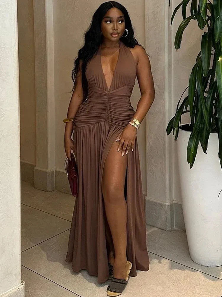 Elegant Halter Plunging V-Neck, Ruffle Detail, Backless Design - Summer Party Dress C260312