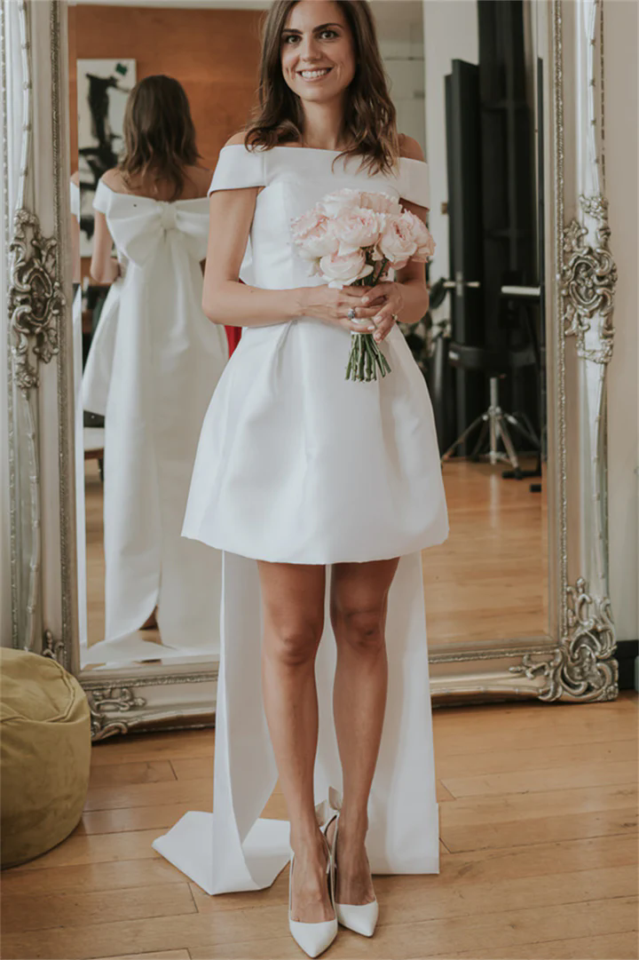 Customized Exquisite Satin Wedding Dresses Short Bridal Gowns Mini Length Brides Dress Robe de mariee Short Sleeves