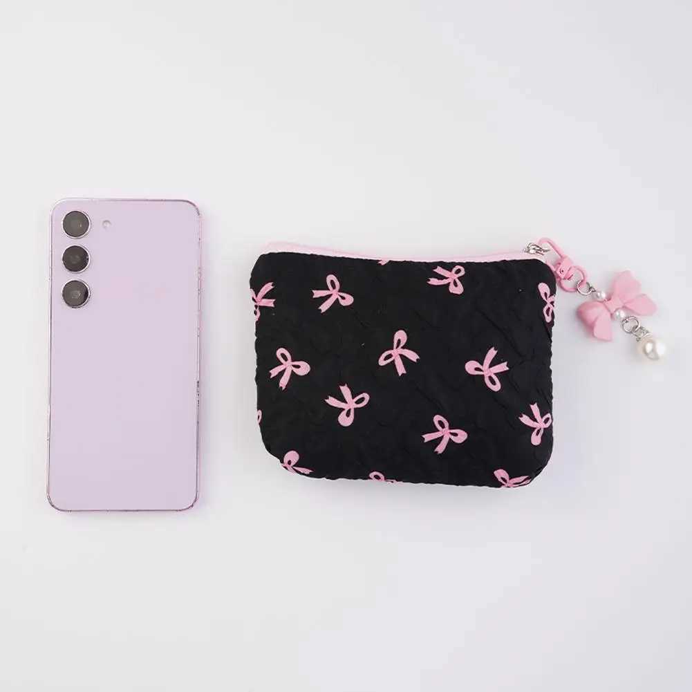 Mini Makeup Bag Pink Black Printed Bow Womens Convenience Lipstick Card Mini Makeup Bag Mini Makeup Bag W250109