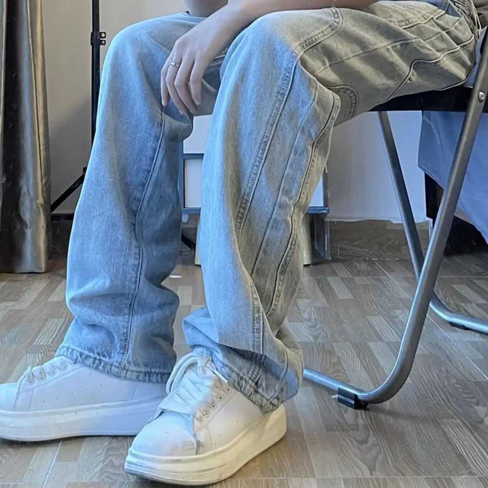 Mens solid color wide leg loose patch work mid waist full length soft breathable pocket zipper button mens pants M250109
