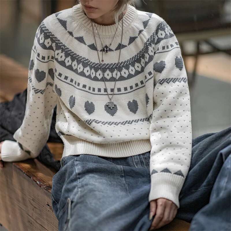 Maden Women Black Fair Isle Knitting Sweater Autumn Winter Long Sleeve Round-Neck Warm Bottoming Shirt Stretch Pullover Jumpers