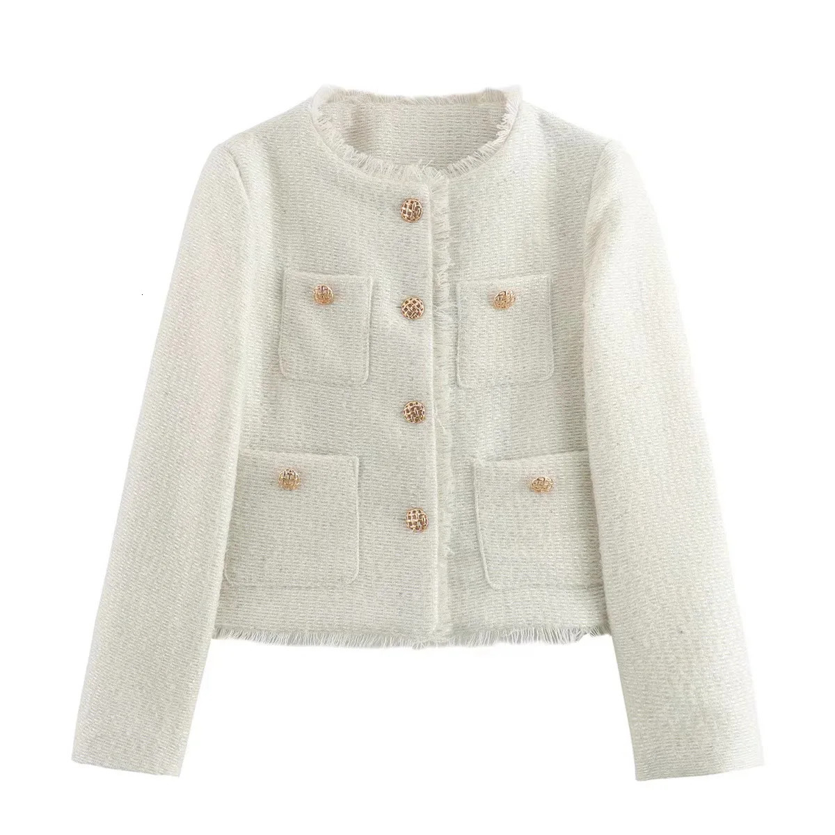 Fashion Tweed Cropped Jacket For Women Spring Elegant Single Breasted Pocket Coat Female Long Sleeve Round Collar Outerwear 250109