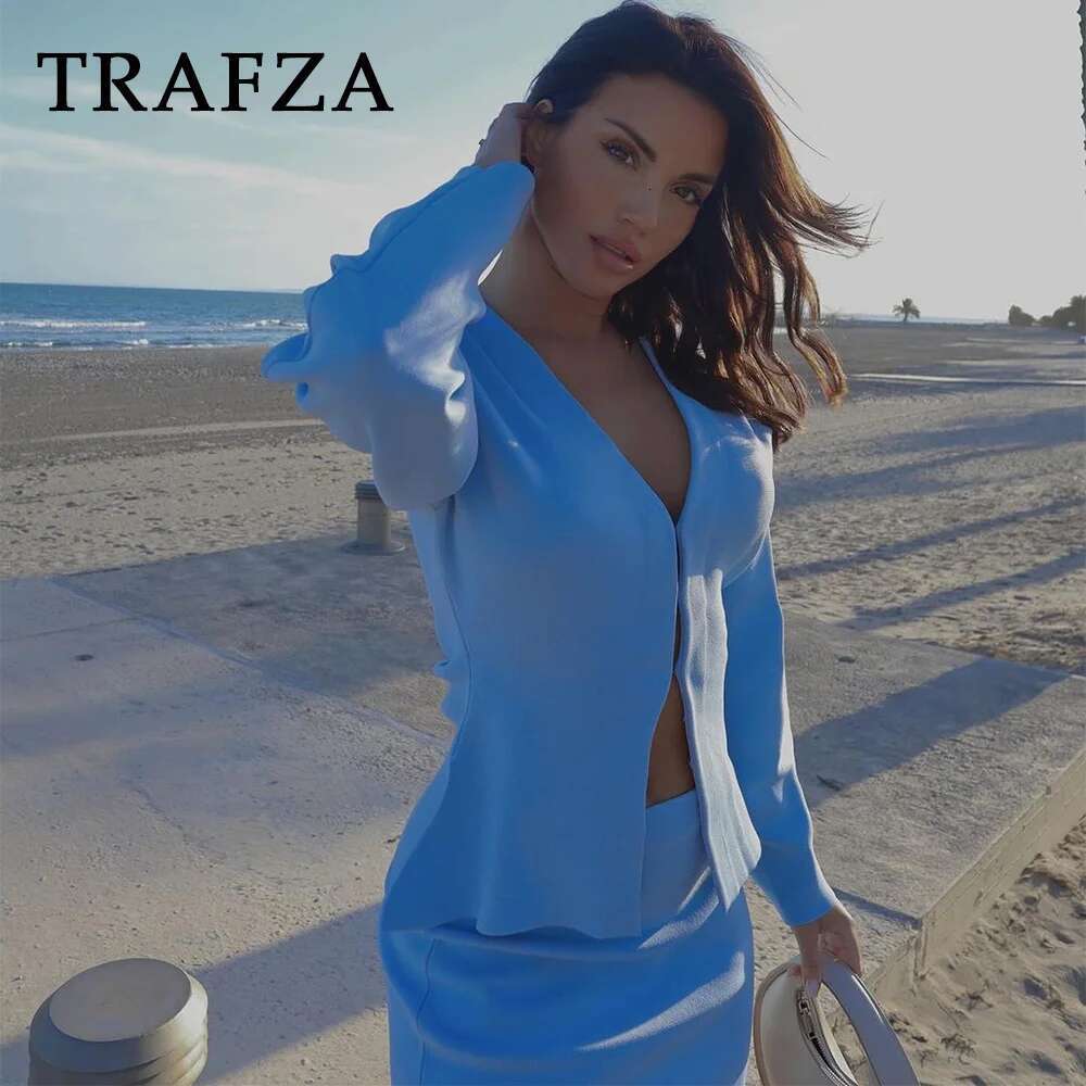 TRAFZA 2025 Spring Summer Sexy Solid Knitted Women Suits Fashion Nightclub V Neck Single Breasted Shirts+Chic Mini Pencil Skirts