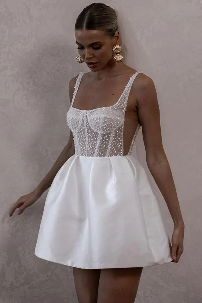 Elegant Beading Short Wedding Dress Women V Neck Pleat Sleeveless Backless Sequins Simple Bridal Gown Above Knee Vestido De Noiva