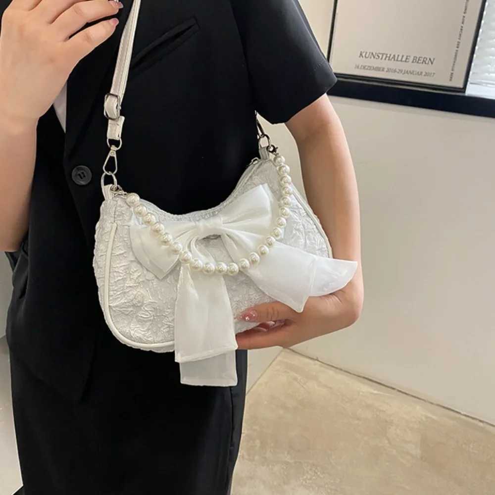 Canvas Bow Shoulder Bag Pearl Handbag Bow Underarm Bag Phe Bag Crossbody Bag Small Square Bag GirlsXJ250108