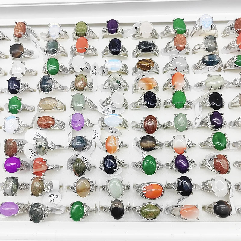 20/50pcs/Lot Wholesale Bohemia Mix Style Natural Stone Finger Rings for Women men Silver Color Party Jewelry Oval Agate Wedding 250106