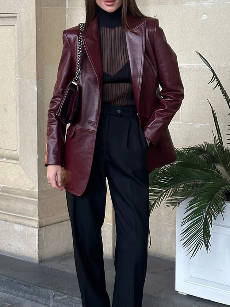 Womens Chci Burgundy Single Breasted Pu Leather Jackets Elegant Oversized Pockets Solid Coats 2025 Lady Street Outerwear Winter 250103