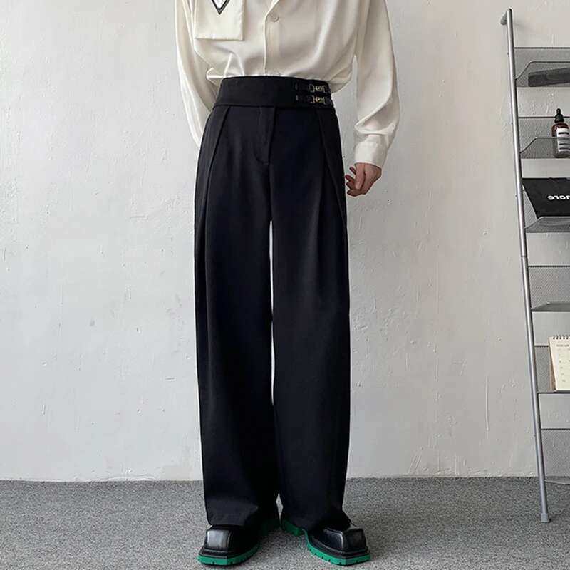 Stylish Suit Pants Men's Loose Casual Elegant Trendy Wide Leg Metal Buckle Design Straight Trousers